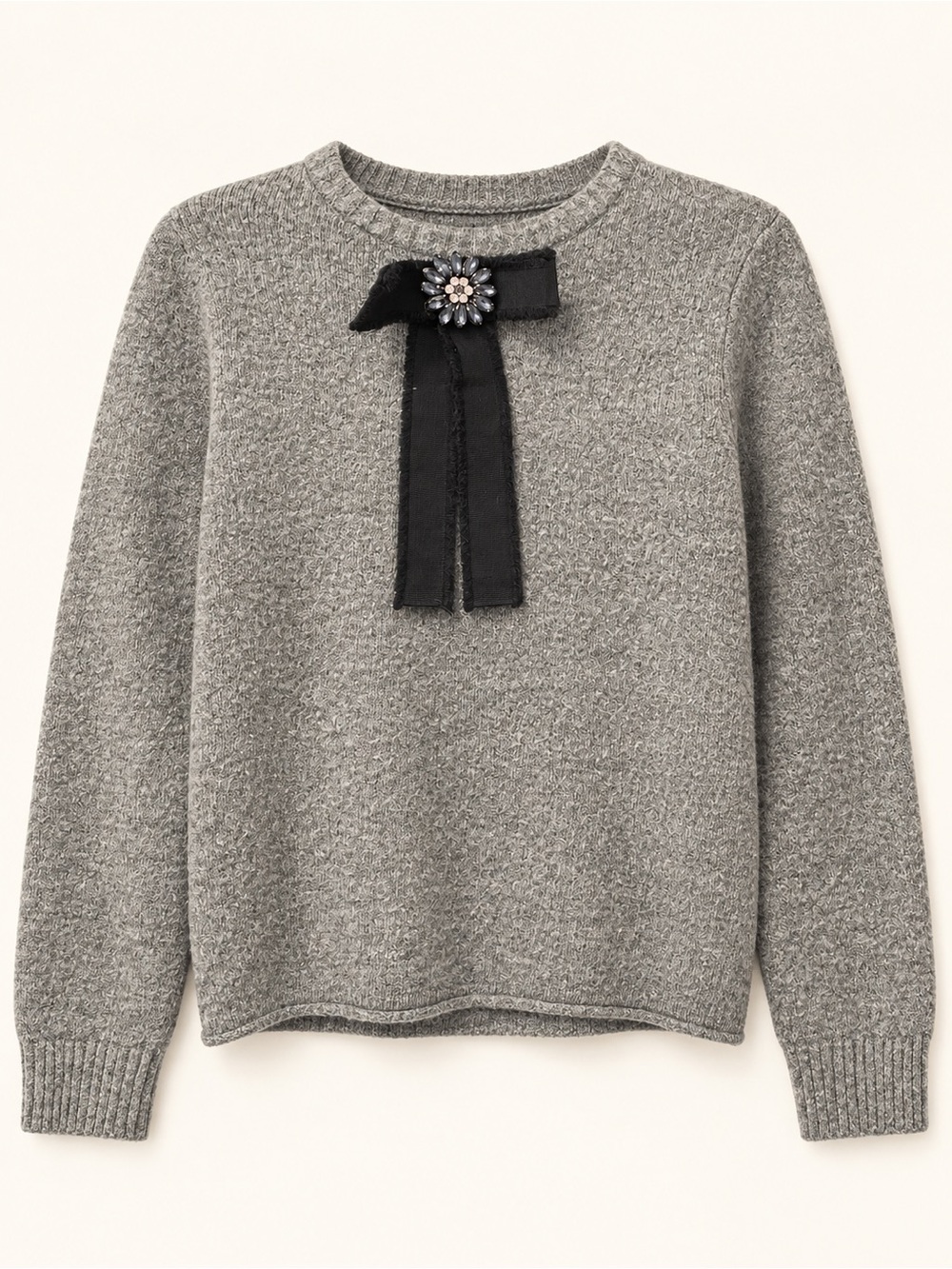 Zara Gray Knit Sweater with Black Ribbon Brooch